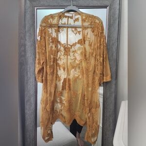 Sheer Floral Lace Cardigan, Open Front Yellow Kimono